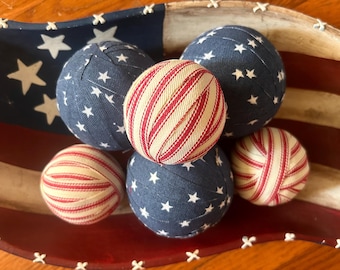 Set of 6 Patriotic Primitive Rustic Rag Balls assorted bowl fillers Rustic Home decoration RED White Blue stars stripes flags America ball