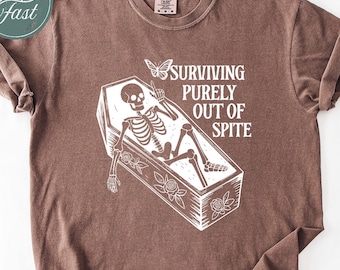 Comfort Colors® Surviving Purely Out Of Spite  Shirt, Funny Goth Celestial Skeleton Shirt, Bat Lover Gothic Boho Tshirt, Celestial Woman Tee