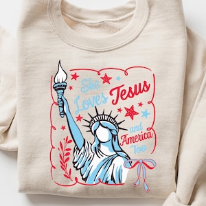 Retro USA Sweatshirt, She Loves Jesus And America Too, Womens USA Crewneck Sweatshirt, USA Shirt, America Sweatshirt, 4th of July Sweatshirt