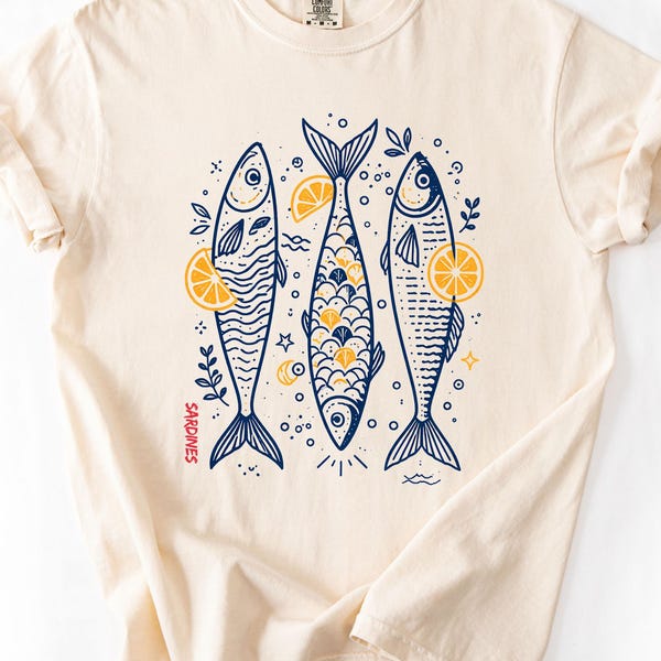 Comfort Colors® Sardines Shirt, Funny Fish Graphic Tee, Coastal Aesthetic Tshirt Women, Quirky Ocean Shirt, Cute Sardines Gift Tee