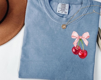 Comfort Colors® Cherry Bow Shirt, Coquette Aesthetic Tee, Cute Cherry T-Shirt, Girly Summer Shirt, Cottagecore Cherry Tee