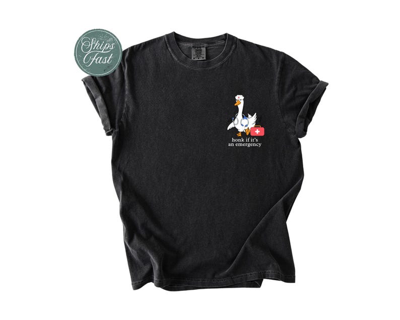 May include: Black t-shirt featuring a white cartoon goose wearing a stethoscope and carrying a red first aid kit. The text "honk if it's an emergency" is printed below the goose.