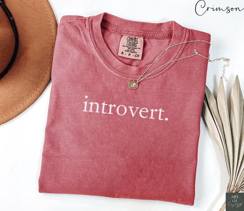 May include: A crimson red t-shirt with the text "introvert." printed in white on the front. The shirt is made of a soft, comfortable material and has a relaxed fit.