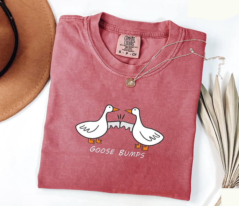 May include: A red t-shirt with a white graphic of two geese bumping into each other with the text "Goose Bumps" underneath.