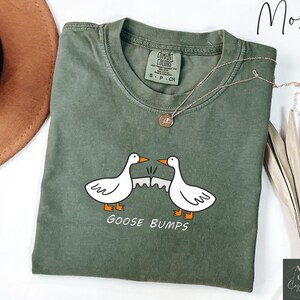 May include: A green t-shirt with a white goose design and the text "GOOSE BUMPS".