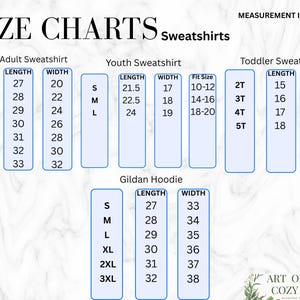 May include: Size chart for Gildan adult, youth, and toddler sweatshirts and hoodies. The chart shows the length and width measurements in inches for each size.