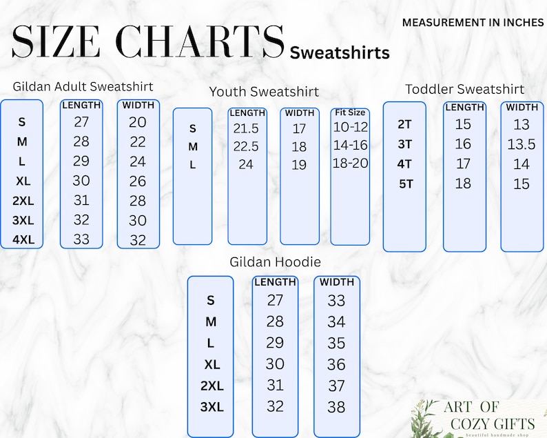 May include: Size chart for Gildan adult, youth, and toddler sweatshirts and hoodies. The chart shows the length and width measurements in inches for each size.