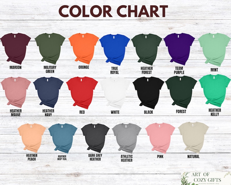 May include: Color chart showing 18 different t-shirt colors. The colors are arranged in three rows of six. The colors are: maroon, military green, orange, true royal, heather forest, team purple, mint, heather mauve, heather navy, red, white, black, forest, heather kelly, heather peach, heather deep teal, dark grey heather, athletic heather, pink, and natural.