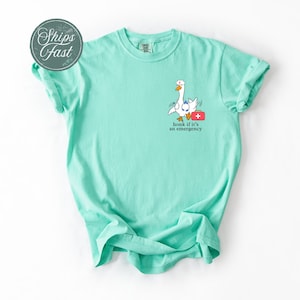 May include: A light teal t-shirt featuring a cartoon goose wearing a first aid kit and the text "Honk if it's an emergency".