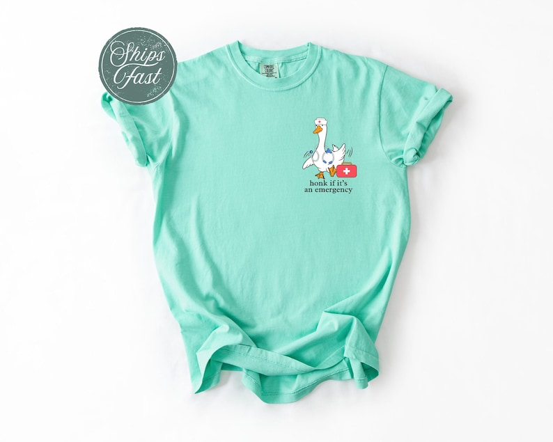 May include: A light teal t-shirt featuring a cartoon goose wearing a first aid kit and the text "Honk if it's an emergency".