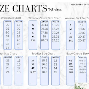 May include: Size chart for t-shirts in various sizes for adults, youth, toddlers, and babies. The chart includes measurements in inches for length and width. The chart also includes weight ranges for baby onesies.