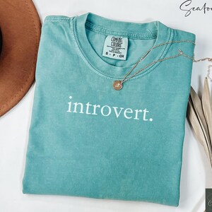 May include: A teal blue t-shirt with the text "introvert." printed in white. The shirt is made of a soft, comfortable fabric and has a relaxed fit.