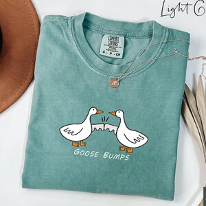 May include: A light green t-shirt with a white goose design and the text "GOOSE BUMPS". The shirt is made of a soft, comfortable material.