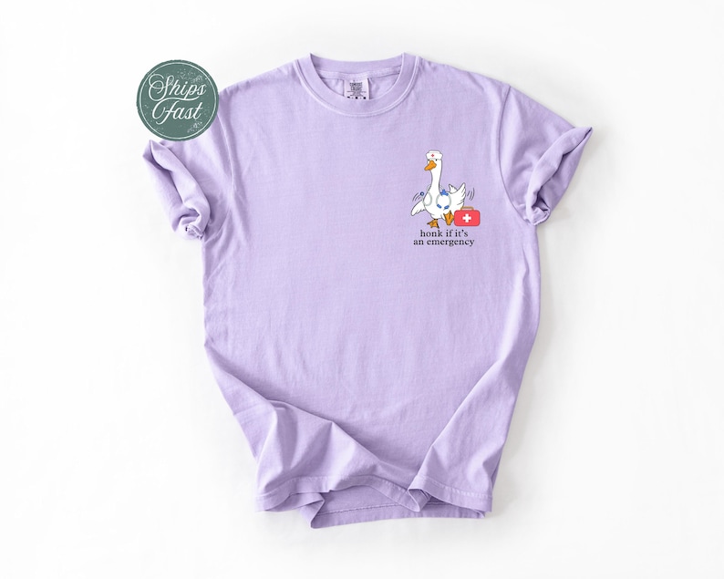 May include: A lavender t-shirt featuring a cartoon goose holding a first aid kit. The text on the shirt reads "Honk if it's an emergency".