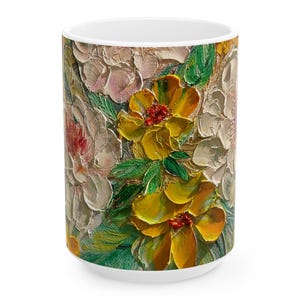 Floral Mug, White/Yellow Tea Cup, Garden Lover Gift, Ceramic Coffee Mug, Flower Print Cup, Original Art Decor, Cottage Core, French Country