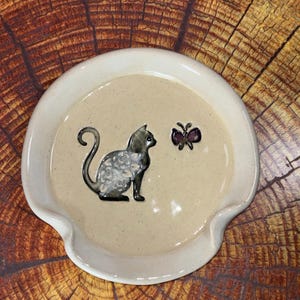 Ceramic Cat & Butterfly Spoon Rest, kitty Lover, Handmade Pottery, Multi use Kitchen Decor, All Occasion Gift, Black or Orange Cat Options