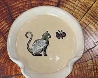 Ceramic Cat & Butterfly Spoon Rest, kitty Lover, Handmade Pottery, Multi use Kitchen Decor, All Occasion Gift, Black or Orange Cat Options