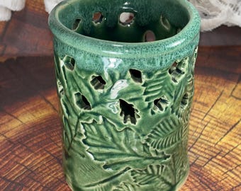 Handmade Ceramic Leaves Luminary, Flower Vase, Utensil Holder, Multi Use, Festive Summer and Fall Decor, Stoneware Pottery