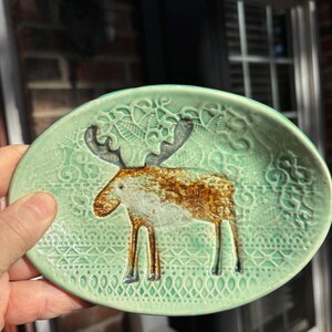 Oval Ceramic Plate, Moose, Cow, Butterfly and Bird Couple Patterns, Multi Use,  Handmade Pottery,  Original Artwork,