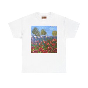 Floral Landscape Painted Tee, White Light Blue Carolina Blue Floral Shirt, Unisex Heavy Cotton T-shirt, Nature Lover Gift, Botanical Graphic