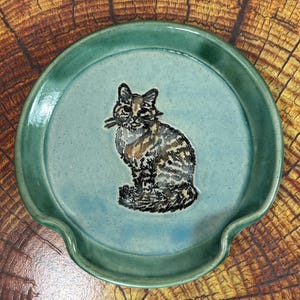May include: A teal ceramic spoon rest with a hand-painted cat design. The cat is depicted in shades of brown, black, and gray. The spoon rest has a round shape with a curved handle rest.