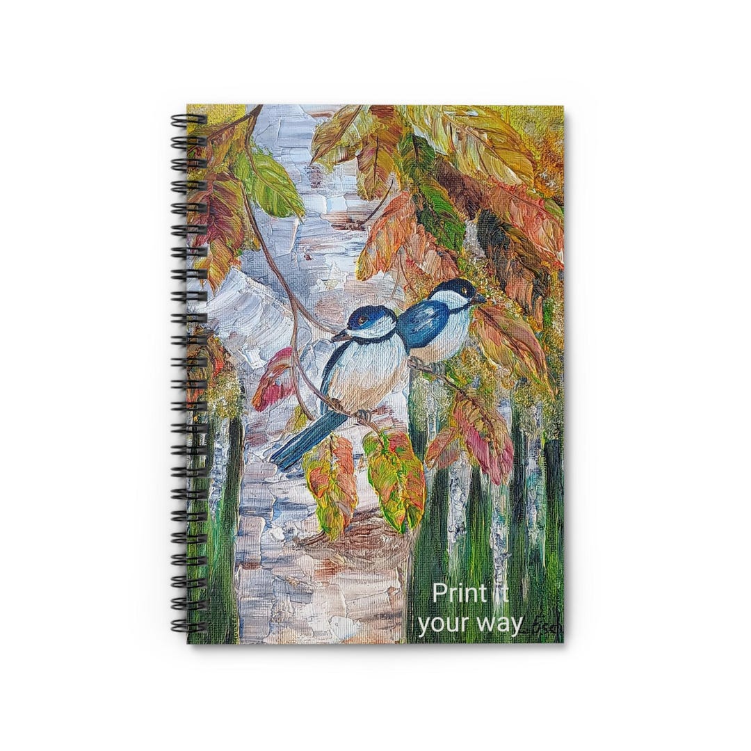 Bird Couple Spiral Notebook - Autumn Colors Birch Tree Forest Ruled ...