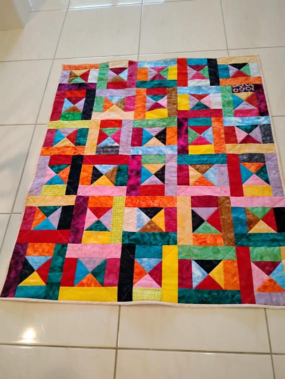 Handmade Batik Baby Quilt, quilts for sale, Scrap quilt, Lap quilt, Baby Boy or girl bedding,bright colors quilt, crib toddler,All Shook up2