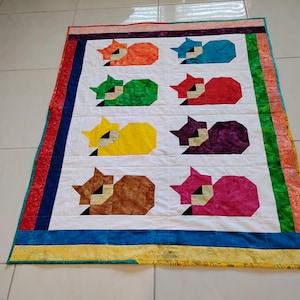 Handmade Batik Cat Baby Quilt: Colorful Patchwork Nursery Decor,  toddler, crib,Batik Cuddle Cats