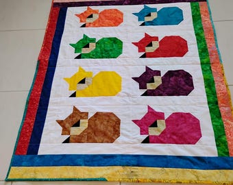 Handmade Batik Cat Baby Quilt: Colorful Patchwork Nursery Decor,  toddler, crib,Batik Cuddle Cats