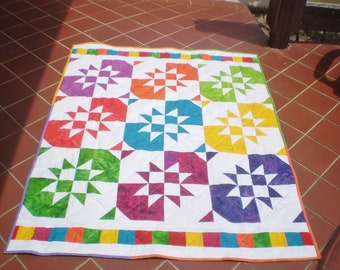 Batik Star Baby Quilt, Quilts for sale, Handmade Baby quilt, lap,baby boy or girl bedding, primary colors, toddler, Batik inside out quilt 2