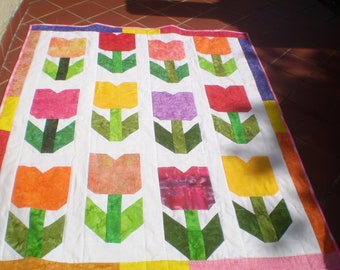 Batik tulip baby girl quilt, quilts for sale, handmade baby quilt, tulip lap quilt, yellow, orange, pink, purple,mauve,toddler, Batik Tulips