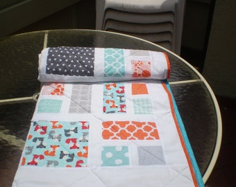 Handmade Fox Baby Quilt: Modern Rustic Woodland Bedding (36x49), crib, toddler
