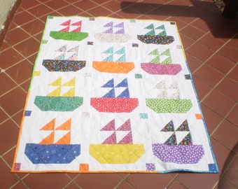 Sailboat baby quilt, handmade, quilt for sale, crib, lap, boy or girl bedding, baby quilt, all bright colors, Sailboat Delight