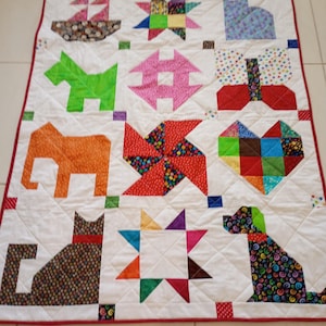 Handmade Sampler Baby Quilt: Patchwork Dog, Cat, Elephant, toddler, crib,Happy Sampler2