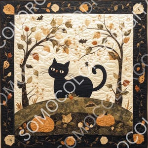 8 Quilted Halloween Black Cat, Whimsical, Primitive farmhouse, Instant Download, Printable, Sublimation, Decoupage, Crafts, & Junk journals.