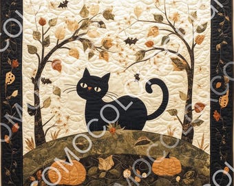 8 Quilted Halloween schwarze Katze, wunderlich, einfaches Bauernhaus, Instant Download, Printable, Sublimation, Decoupage, Basteln, kein Muster
