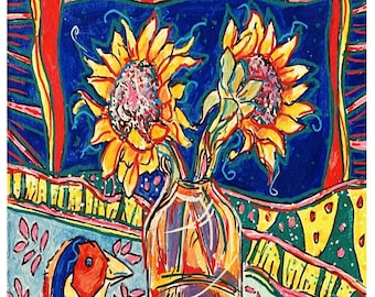 Vase of Sunflowers Surrounded by Quilts - Reproduction of Original