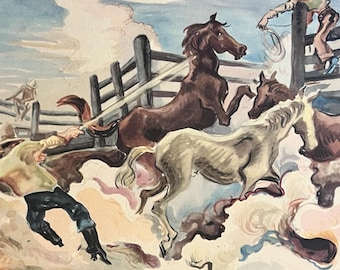 THOMAS HART BENTON - Color Print - Lassoing Horses - Vintage