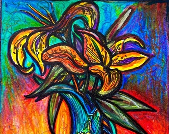 Original Artwork - Mixed Media - Vase and Lillies - Leah Reynolds - 5" x 7"  in 8"x 10"  Frame