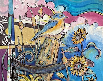 Blue Bird and Sunflowers - Summer Blooms - 8x 10 print of original in 11 x 14 mat - Leah Reynolds