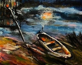 Boat on the Shoreline - reproduction of original painting by Leah Reynolds - 8 x 10 Matted to 11 x 14