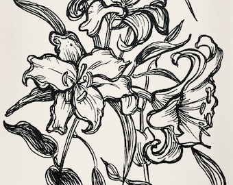 Wall Art - Pen and Ink Print - Lilies - Leah Reynolds - 8 x 10 matted to 11 x 14
