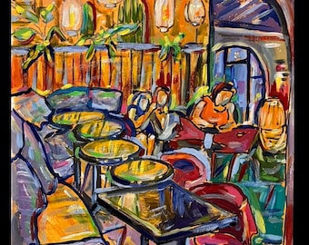 Cafe in Puerto Rico - Original Gouache Painting - 8 x 10 Matted and Framed 11 x 14