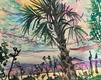 Original - South Carolina - Original Gouache Painting - Palm Tree at Sunset - 5" x 5" mounted in 8" x 10" Frame