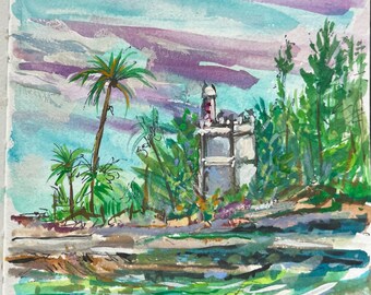 Original - Bahamas - Original Gouache Painting - Tropical Lighthouse -  5" x 5" mounted in 8" x 10" Frame