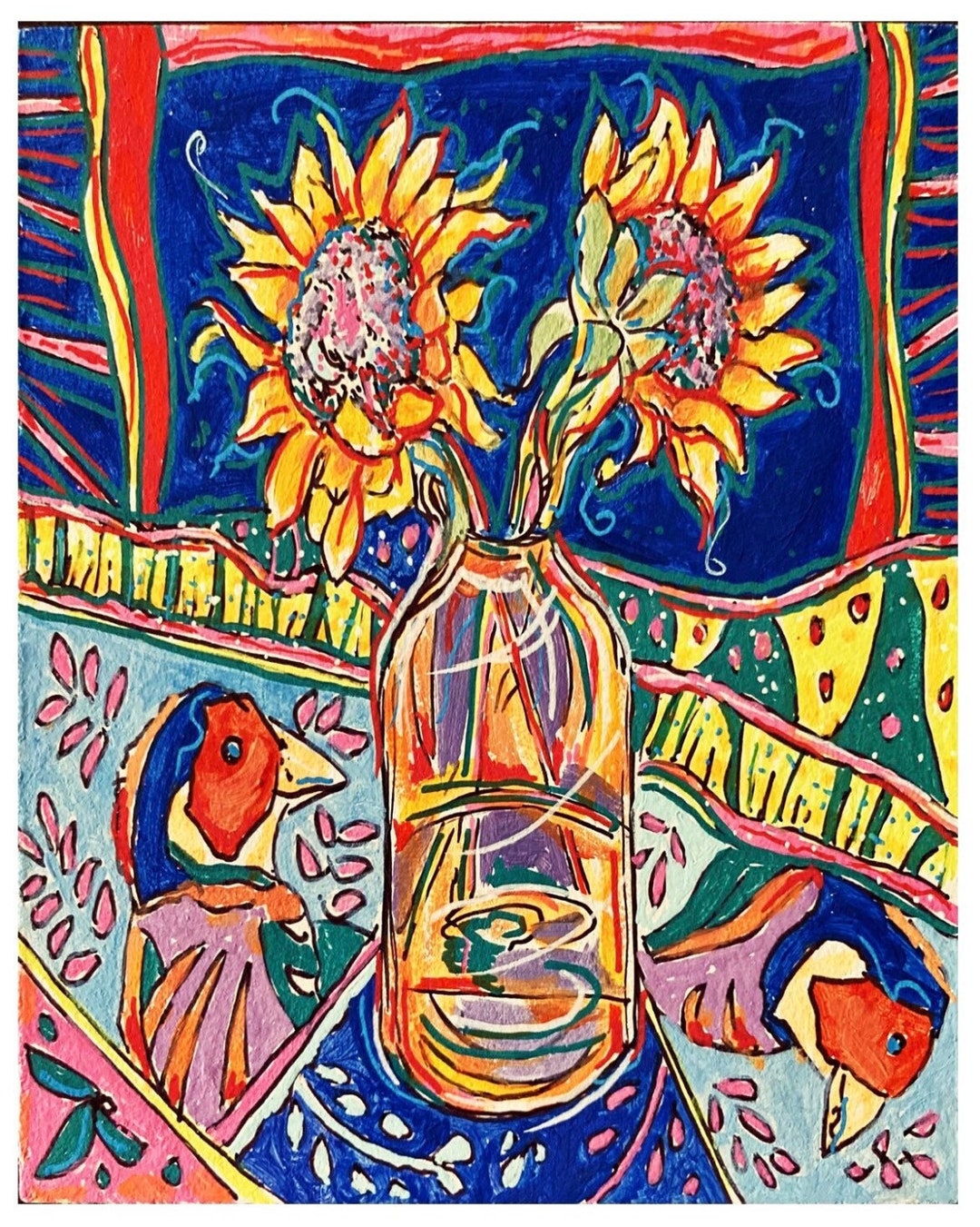 Vase of Sunflowers Surrounded by Quilts Reproduction of Original Etsy