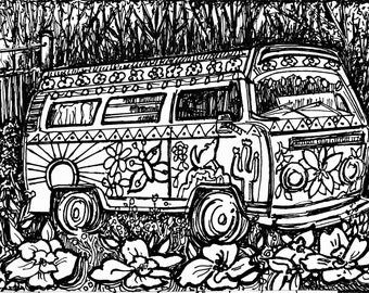 Print of Pen and Ink - VW Volkswagen Bus - by Leah Reynolds - 8 x 10 print in 11 x 14 mat.