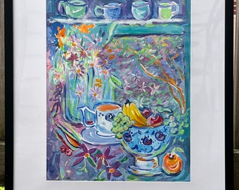 Tea in Spring - Original 11 x 14 Gouache and Acrylic Painting in a 14 x 17 Frame - By Leah Reynolds