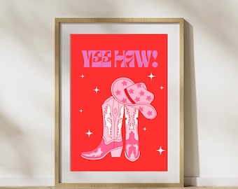 May include: A red background with the text "Yee Haw!" in pink. A pair of pink cowboy boots with white stars are shown with a pink cowboy hat with white stars on top of the boots.
