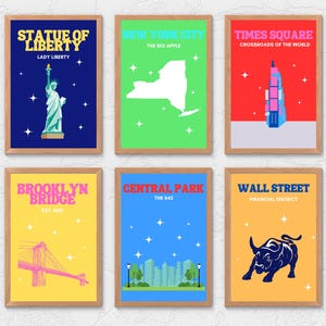 Arte mural de Nueva York, pósteres imprimibles de la ciudad de Nueva York, Estatua de la Libertad, Puente de Brooklyn, Central Park, mapa de Times Square (juego de 6 impresiones)